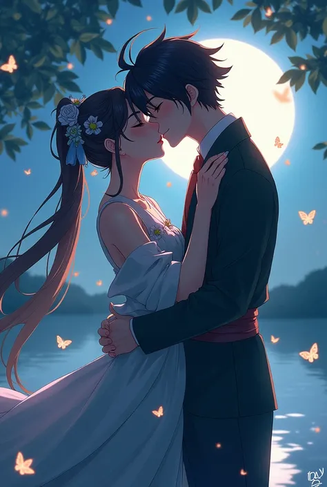 creates an image of Shinobu Kocho kissing Tomioka Gyuu, from Demon Slayer under the moonlight surrounded by butterflies near a lake