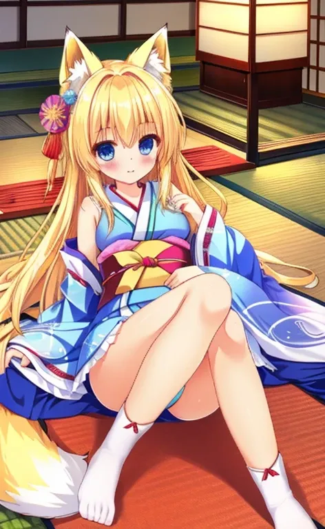 Beautiful long blonde girl　blue eyes　Light blue kimono　shrine　whole body　Fox Tail　Fox Ears　sit on tatami