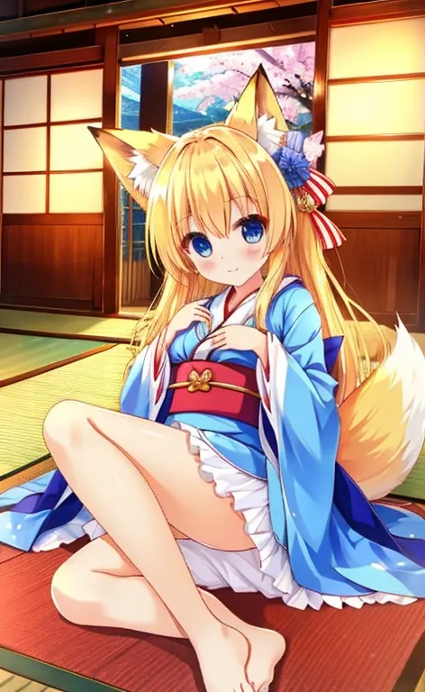 Beautiful long blonde girl　blue eyes　Light blue kimono　shrine　whole body　Fox Tail　Fox Ears　sit on tatami