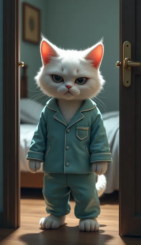 The third image shows an adult, anthropomorphic white cat dressed in pajamas, standing at the doorway of what seems to be a bedroom. The cat has a serious, slightly irritated expression on its face, as if it has been disturbed. The cats fur is well-groomed...