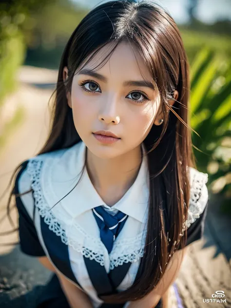 Waist high fullbody Portrait of an exotic beautiful asian girl wearing school uniform at a beach, perfect detailed face, detailed symmetric hazel eyes with circular iris, realistic, stunning realistic photograph, 3d render, octane render, intricately detai...