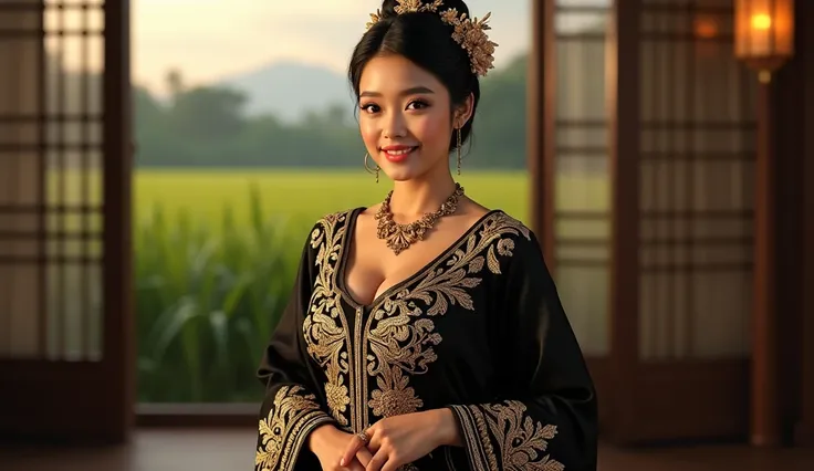 (photorealism:1.2), beautiful javanese woman, big breasts, curvy shaped body, cute face, little smile, Wearing a richly decorated black and gold traditional outfit adorned with intricate gold and white embroidery, she accessorizes with an elegant necklace ...