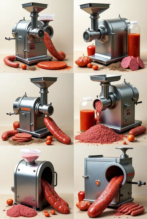 A collage with photos of the main equipment used in the production of chorizo (mincer, mixer, meat packing, curing chamber).