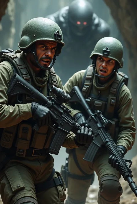 A picture of corporal dwayne hicks and his partner hudson, Hudson with a scared and slightly terrified face and Hicks with a distressed face, and a camouflaged alien behind the two of them.