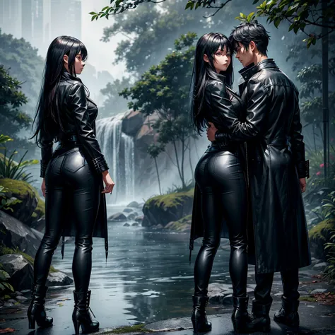 Private agent with the following characteristics; half wolf half human, long black hair with white highlights, wearing a leather overcoat, a sword in the back, Torn pants. see is standing admiring a lake as the rain falls very slowly. Beside her there is a...