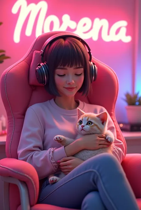 20 year old female character sitting on the Pink Gamer Chair holding a kitten with the name Morena FF in the background with a pink background