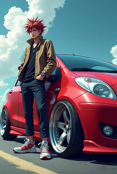 An anime man standing next to his 2008 Toyota Vitz car with wide rims