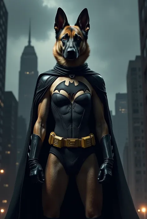 Female German Shepherd Dog dressed as Batman