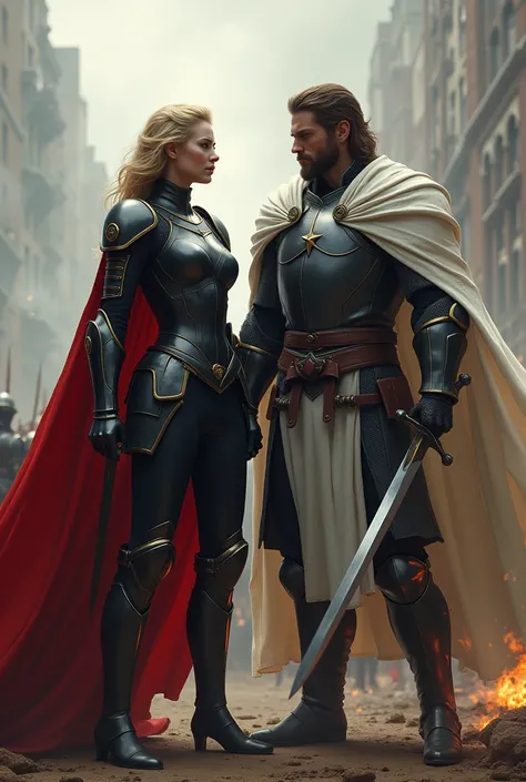 On the battlefield fighting together is a blonde woman in black armor and a red cape, At his side is a brown-haired man, shoulder-length hair and a neat beard, He is a little taller than her. The man wears grey armor with a white cape.. They both hold swor...