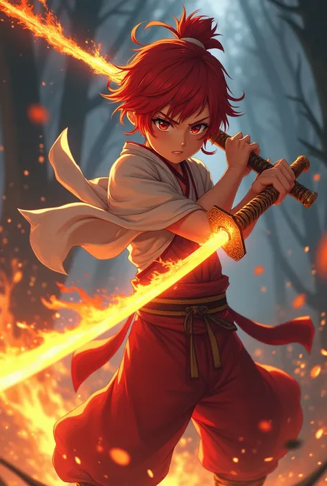 Anime character with red hair using a katana with fire power
