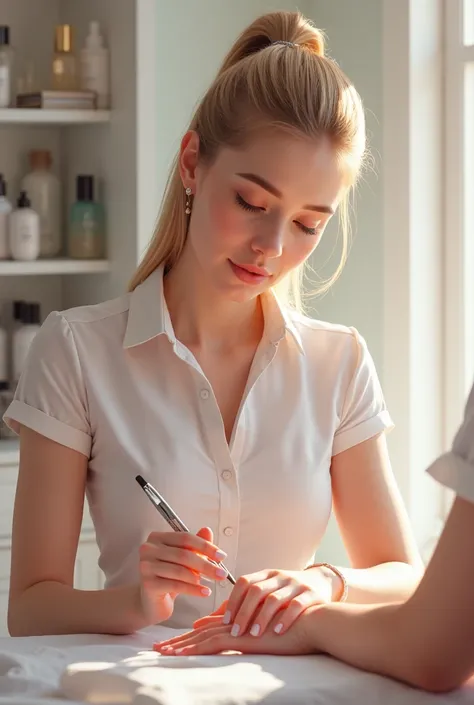 I need a picture of a blonde woman working as a manicurist