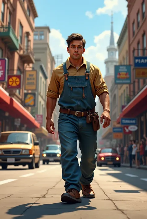 [Visual: A man in his mid-30s, wearing a mechanics uniform, walking down a lively street. The street has people walking, cars passing, and shops in the background. Jack looks tired but focused.]