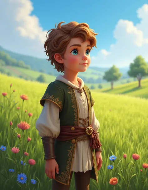 Create a boy with brown hair and blue eyes in a medieval outfit in the royal field looking at the horizon
