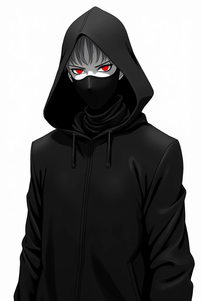 a masked ninja,anime, red eyes, mascara of one, black and white image, white background,full body