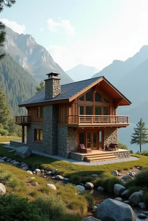 Create an image of a minimalist 120m2 cabin on 2 floors with 18-degree gabled roofs in wood and stone