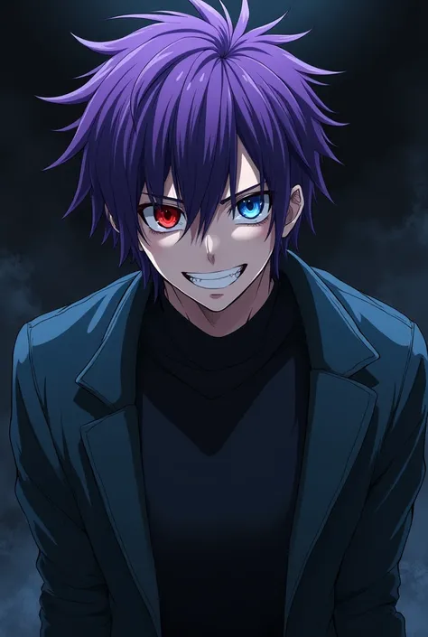 Tall cheerful anime man, scary similar to mahito with the manga art style with big purple and straight hair one red eye and the other blue and with the dark backgroundp3