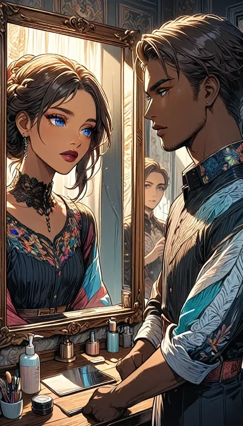 a man standing in front of a mirror, reflecting a woman in the mirror, planning your day, genderbend, male to female, detailed face, beautiful detailed eyes, beautiful detailed lips, brown skin, Anime style, 8k, high resolution, detailed facial features, i...