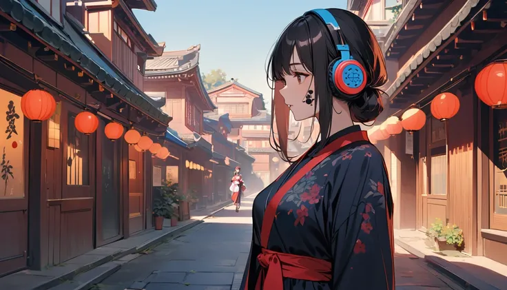 (((Ink Painting))), (((wearing Yaokai mask on face))), (((Kitsune))), (((1 girl))), (((Japanese style headphones))), (((Flashy kimono))), (((Oiran))), Delicate and precise, Modern Ukiyo-e Style,Japan, Japanese flag, Vivid Color