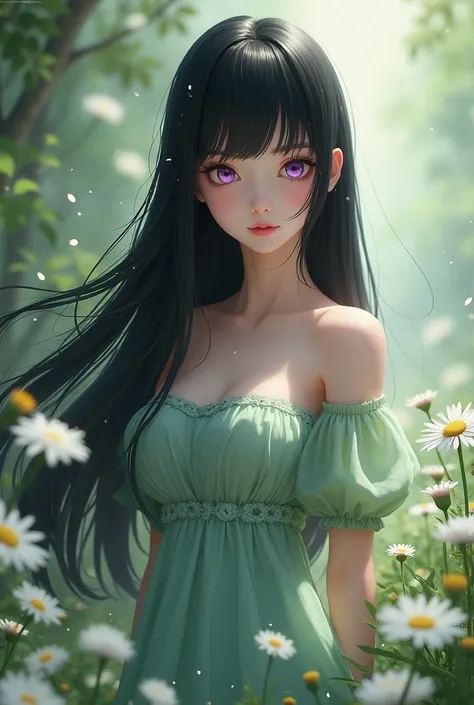 Create a straight hair RPG character, black and long, dark violet eyes, with a light green dress and daisies,