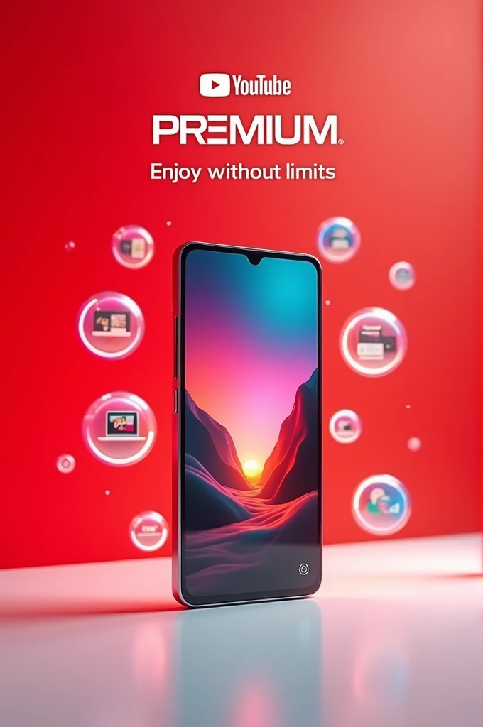 # YouTube Premium Ad Image Prompt Create a YouTube Premium ad image with the following elements::

1. bottom: Smooth gradient from red to white, representing the colors of YouTube.

2. Center of the image: A modern smartphone with a large screen, showing t...