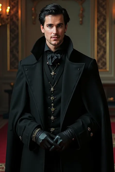 ((Inspire-se em matthew bomer)) A handsome and dashing man, with adult masculine features, very light blue eyes and black hair. She is facing, stopped, in the all-black robes of a majestic Victorian-era King. ultra resolution, high details, Better image qu...