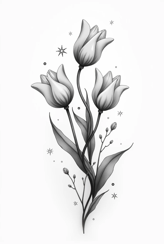 Design a flowing floral tattoo in black and white. Don&#39;t have too many flowers, make it flow more. Make it tulips, make it flow more. And the light and shadows don&#39;t have to be too strong. Make the flowers smaller. And have some small beetle stars....