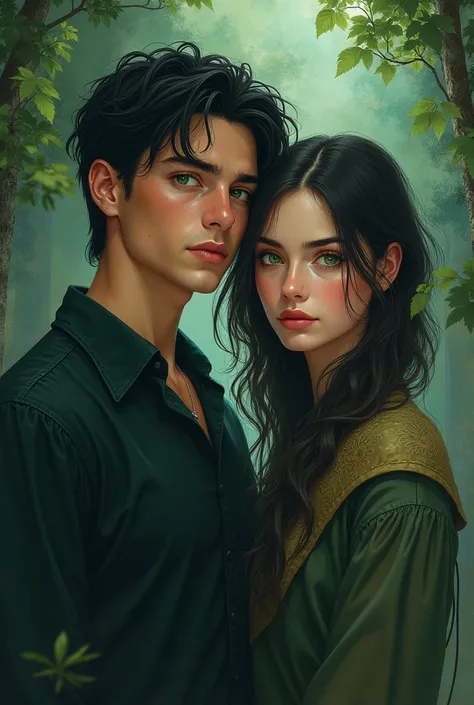 Create a tall boy, athletic build, dark hair and green eyes and a girl with dark hair and green eyes, with a serene appearance that hides his inner strength. For a book cover and back cover the lost twins Book will transport you to a world of intrigue, mys...