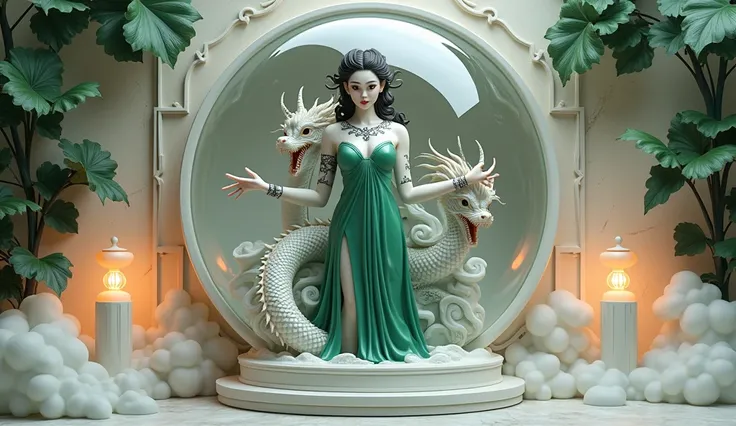 full shot, digital image, 3D, bas relief, Solid porcelain, painted block art illustration, a creature half Asian Woman, half dragon the upper body of an Asian made of porcelain, with intricate black markings, wearing an emerald green Indian dress with slit...