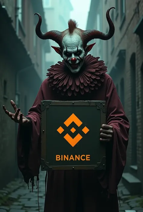 Clown demon holding a sign with the Binance logo 
