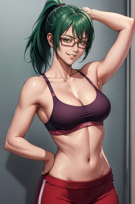 masterpiece, best quality, maki zenin, glasses, sport bra, green hair, ponytail,red pants, looking at viewer, small breasts, upp...