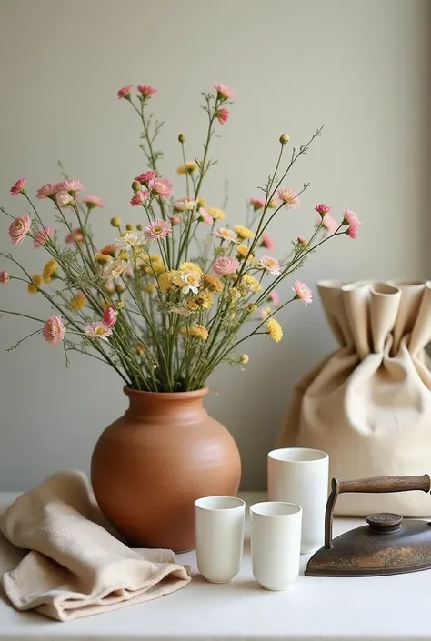 Still life with clay pot, glass vase with flowers milk glasses, bag with sleeves and old iron