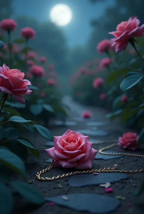 I want you to create a rose garden, at night and at the end of the road he finds a necklace of a rose on the ground, so small that it is almost invisible. There is only the necklace and the chain of the small rose in the picture. Let there be no person