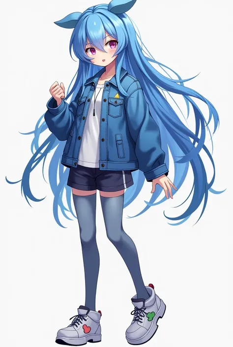 Free fire gamer anime character long straight blue hair blue jean jacket and blue-gray stockings white shoes 