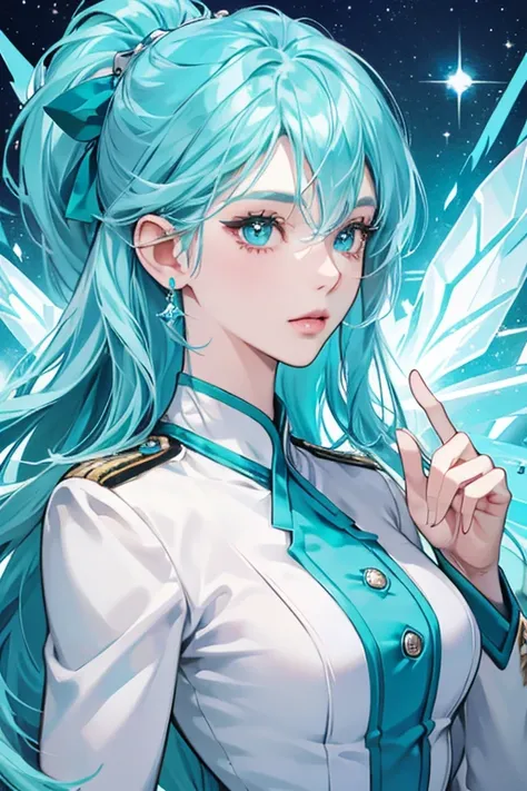 Aqua Aura,  Aqua Aura has a light blue complexion and unkept blue hair. She has blue eyes with pupils and eyelashes. She has a build similar to that of a Quartz. Her uniform consists of the Teal Diamond insignia. Her gemstone is located where her nose woul...