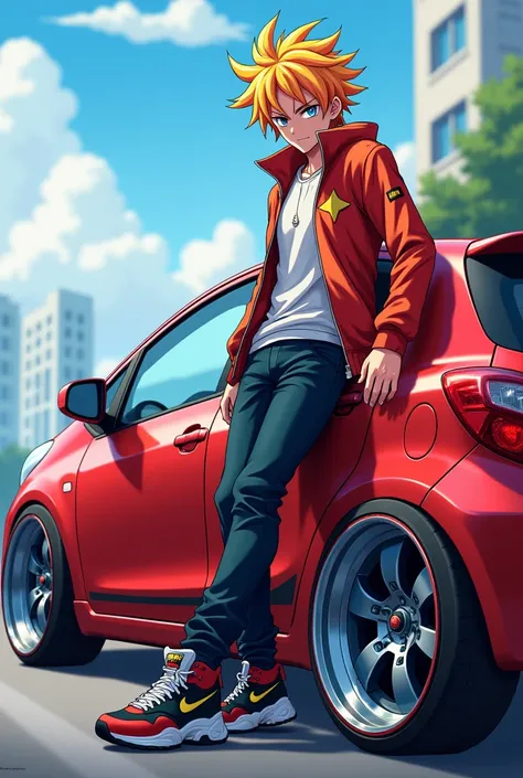 Anime man on the side of a 2008 Toyota Vitz car with wide rims