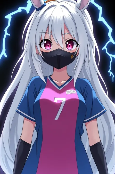 FEMALE CHARACTER WITH A BIG WHITE PONYTAIL WITH A PINK AND BLUE PLAYER&#39;S DRESS WITH THE NUMBER 7 ON THE FRONT OF THE SHIRT WITH THE MASK ON HER MOUTH IN BLACK WITH PINK AND BLACK EYES WITH A BACKGROUND OF BLUE AND BLACK LIGHTNING