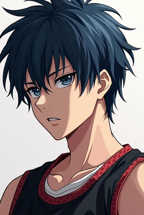 a dark blue haired guy wearing a black basketball jersey with red details with a white collar with a serious face anime art
