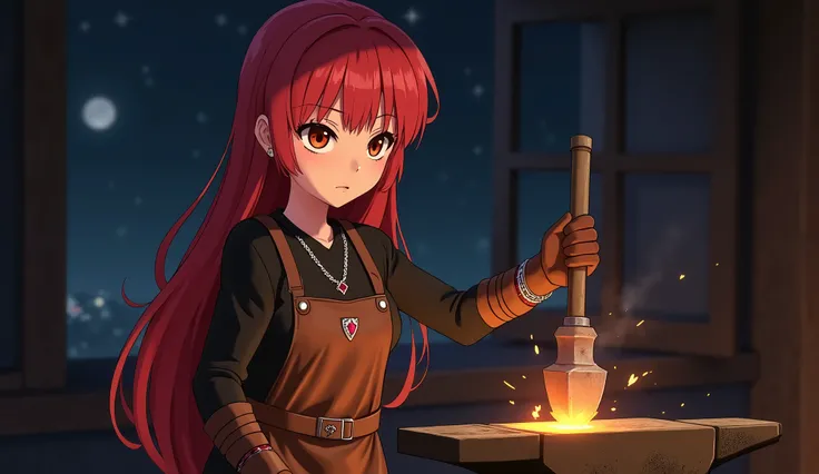 This is an image of a female anime character A young girl with long, bright red hair is standing in front of an anvil, ready to hit a piece of hot metal with a large hammer. She is dressed in a brown leather apron over a long-sleeved black shirt.. She is w...