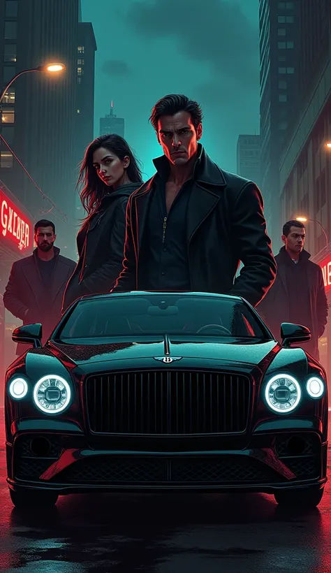 Black Bentley fly spur,a men with black smokin,angarage text on background,dark city,gang members in background,anime,manga,in front a woman with black jacket,angarage text on jacket