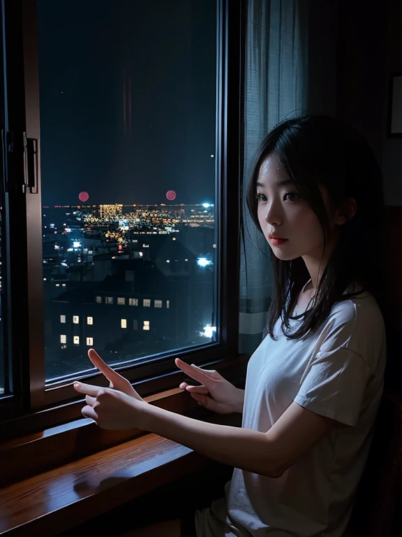 Dark Room。window where moonlight shines in。Beautiful woman sitting by the window。