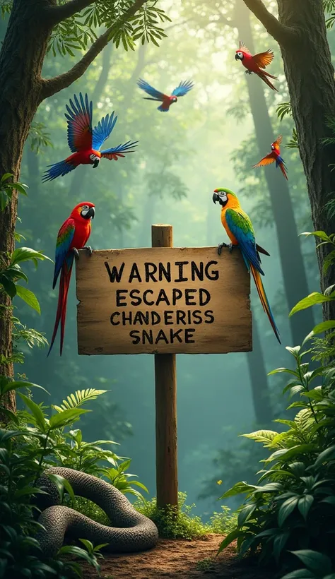 A sign board written snake escaped is hanging in a tree in forest and many parrots flying near the sign board and on ground a snake is moving 