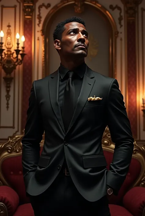 Generate an image of a dark black man in black suit with a surprises face looking up and excited in a luxury room