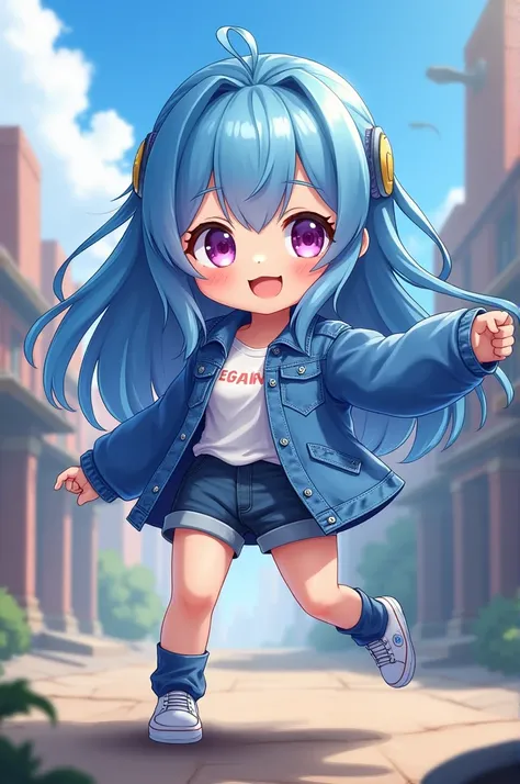 Chibi anime girl with long straight blue hair, blue jean jacket, blue-gray socks white tennis shoes free fire player 