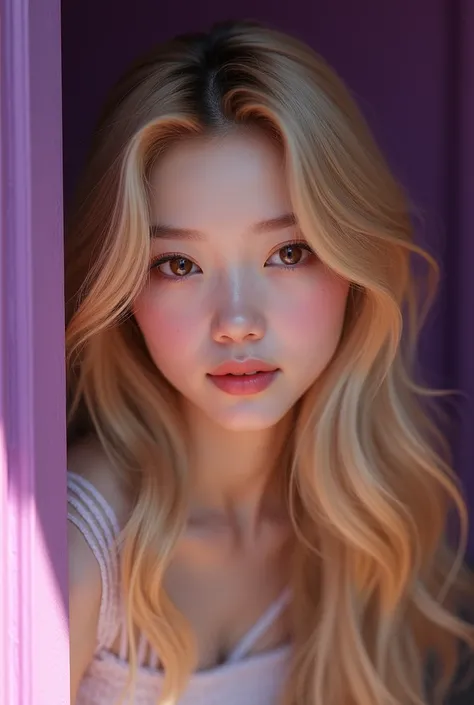 Create a Korean girl with blonde hair and in a place with purple walls,with brown eyes