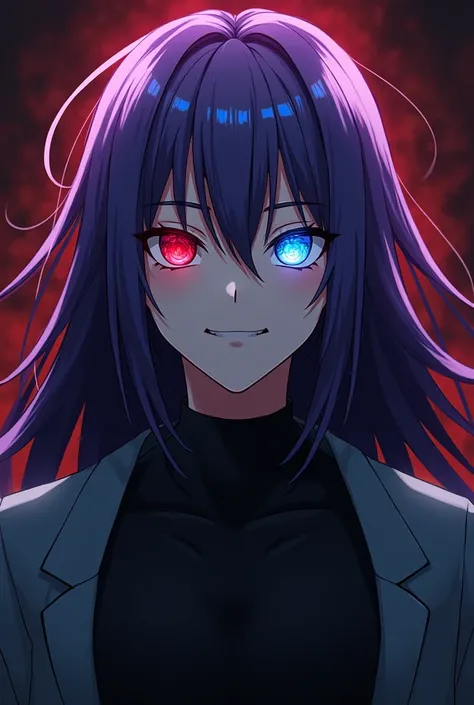 Tall cheerful anime man, scary similar to mahito with manga art style with semi-large purple and straight hair one red eye and the other blue and with a dark background