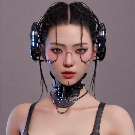 a stunning 4k photo-realistic image of a cyberpunk demi-human girl with an asian face. her visage is adorned with intricate mach...