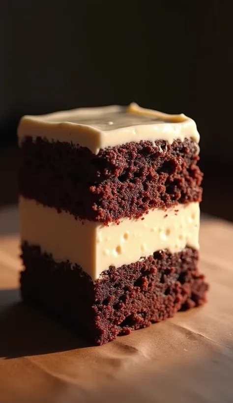 A single three-layer brownie viewed from the side; the brown bottom layer; the beige middle layer and the white top layer; high resolution, Ultra HD, , foreground, chromatic aberration, projected shadow, cinematic lighting, side view, 