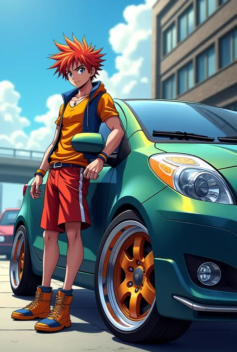 Anime man on the side of a 2008 Toyota Vitz car with wide rims