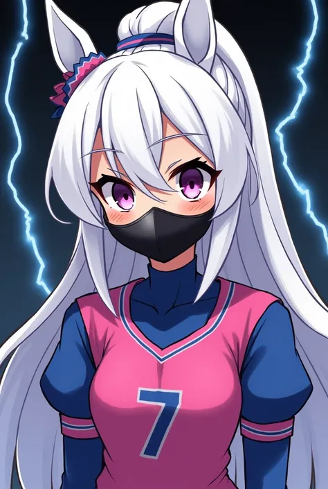 FEMALE CHARACTER WITH A BIG WHITE PONYTAIL WITH A PINK AND BLUE PLAYER&#39;S DRESS WITH THE NUMBER 7 ON THE FRONT OF THE SHIRT WITH THE MASK ON HER MOUTH IN BLACK WITH PINK AND BLACK EYES WITH A BACKGROUND OF BLUE AND BLACK LIGHTNING