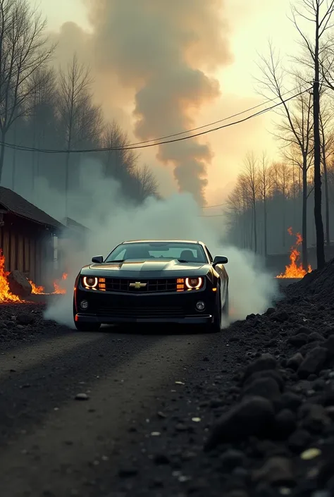 A black 2010 camaro driving away from a completely burned down weed farm at colombia